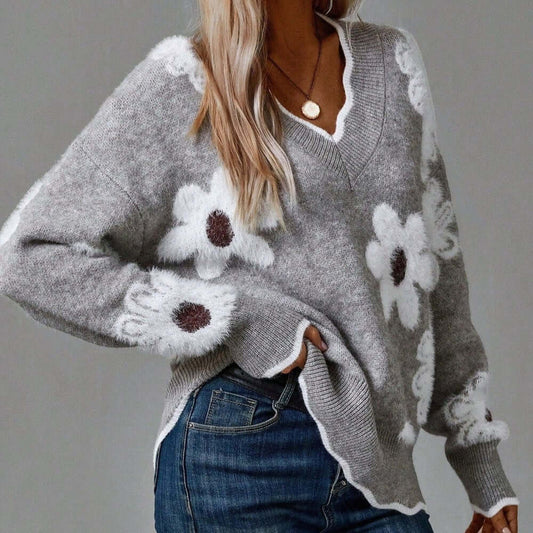 Grey V-Neck Floral Print Sweater | SedonaVista