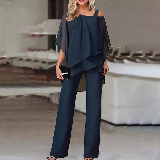 Navy Cold Shoulder Ruffled Tiered Top and Pants Two Piece Set | SedonaVista