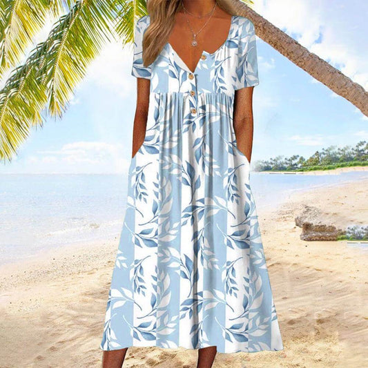 Blue Paradise Short Sleeve Pleated Side Pocket Midi Dress | SedonaVsita