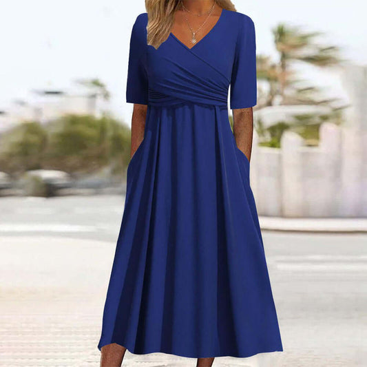 Blue Plain V-Neck Midi Dress | SedonaVista