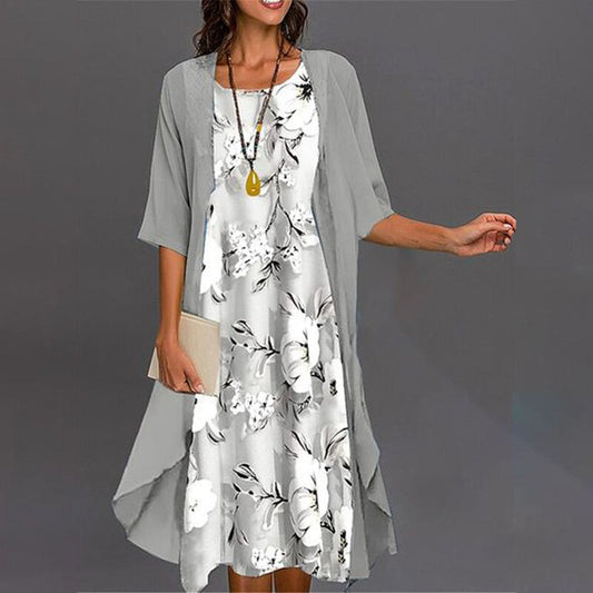 Grey Print Midi Dress With Outerwear | SedonaVista