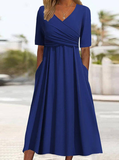 Blue Plain V-Neck Midi Dress | SedonaVista