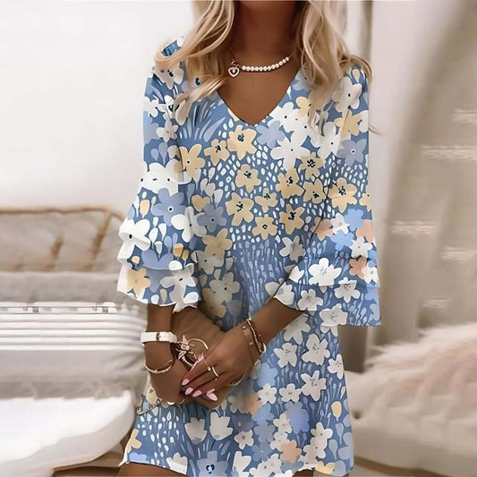 Blue Floral Print V-Neck Mini Dress | SedonaVista
