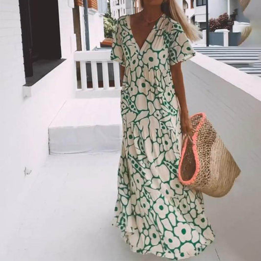 Green Short Sleeve Print Maxi Dress | SedonaVista