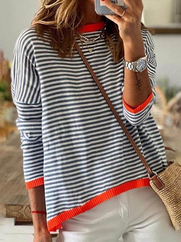 Orange Trim Navy and White Stripe Long Sleeve Top | SedonaVista