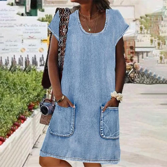 Blue Plain Short Sleeve Mini Dress | SedonaVista