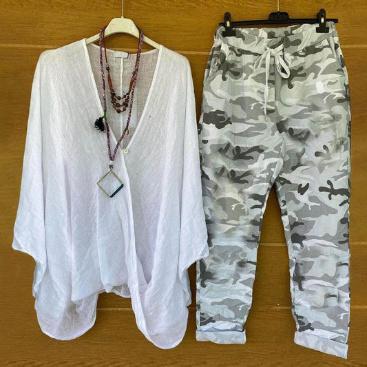 Groovy Camouflage Drawstring Cuffed Pants White Tunic 2-Piece Set | SedonaVista